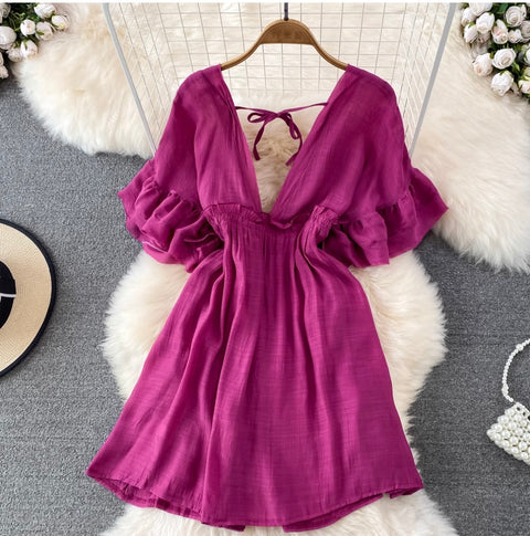 Deep V-neck Drawstring Sunscreen Dress