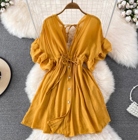 Deep V-neck Drawstring Sunscreen Dress