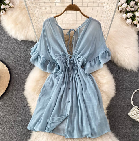 Deep V-neck Drawstring Sunscreen Dress