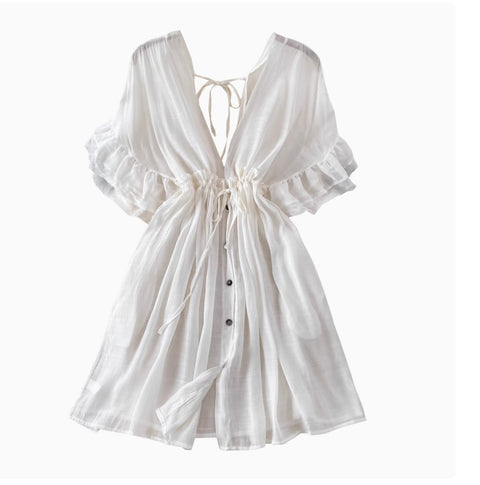 Deep V-neck Drawstring Sunscreen Dress