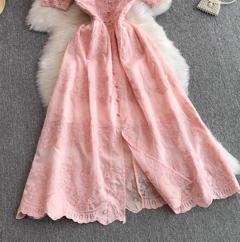 V-neck Embroidered Puffy Sleeve Dress