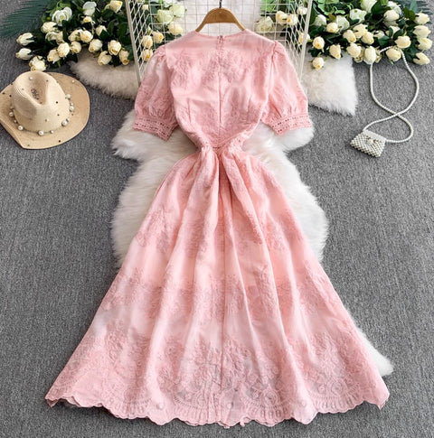 V-neck Embroidered Puffy Sleeve Dress