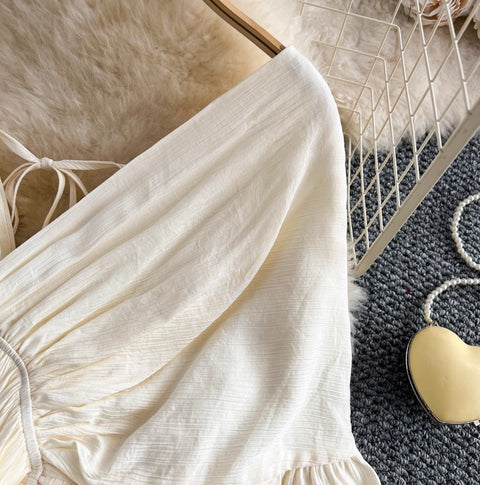 Deep V-neck Ruffled Apricot Dress