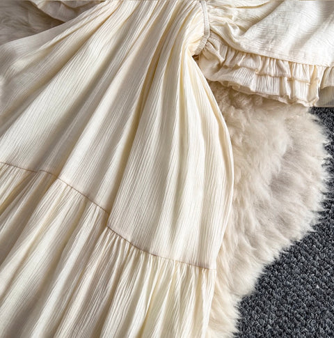 Deep V-neck Ruffled Apricot Dress