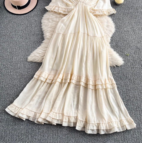 Deep V-neck Ruffled Apricot Dress