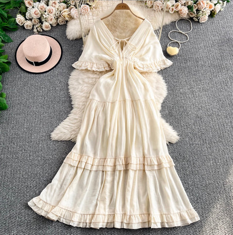Deep V-neck Ruffled Apricot Dress