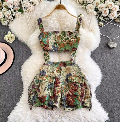 Oil Painting Floral Strap Rompers
