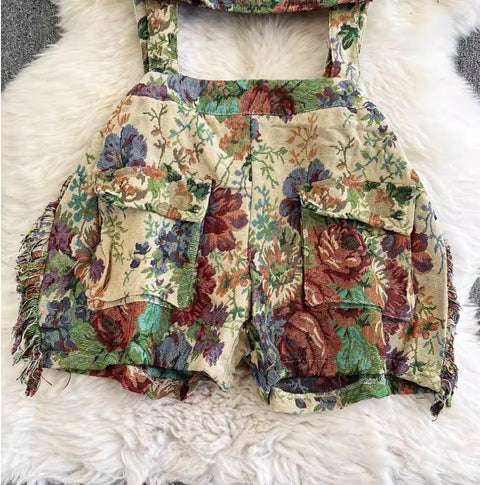 Oil Painting Floral Strap Rompers