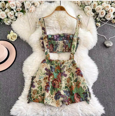 Oil Painting Floral Strap Rompers