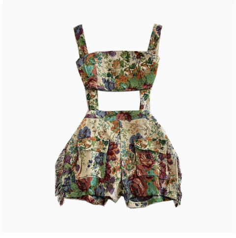 Oil Painting Floral Strap Rompers