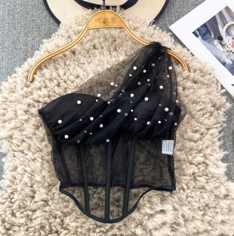 Slant Neckline Beaded Mesh Top