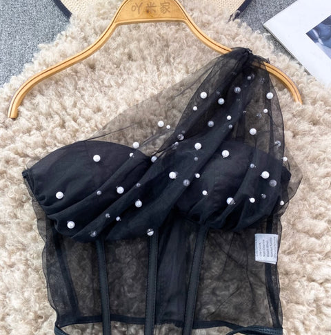 Slant Neckline Beaded Mesh Top