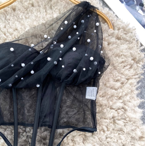 Slant Neckline Beaded Mesh Top