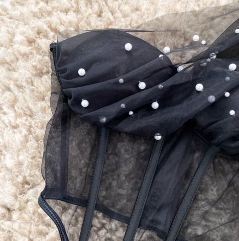 Slant Neckline Beaded Mesh Top