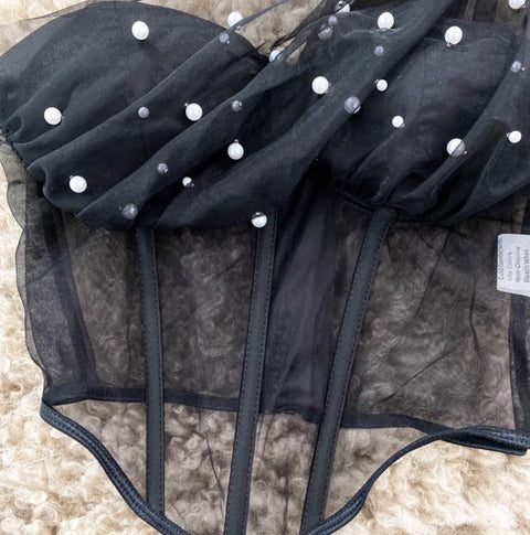 Slant Neckline Beaded Mesh Top