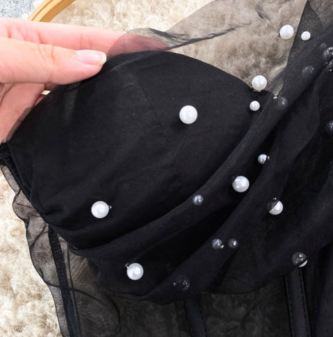 Slant Neckline Beaded Mesh Top