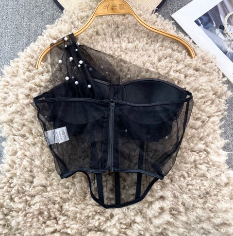 Slant Neckline Beaded Mesh Top