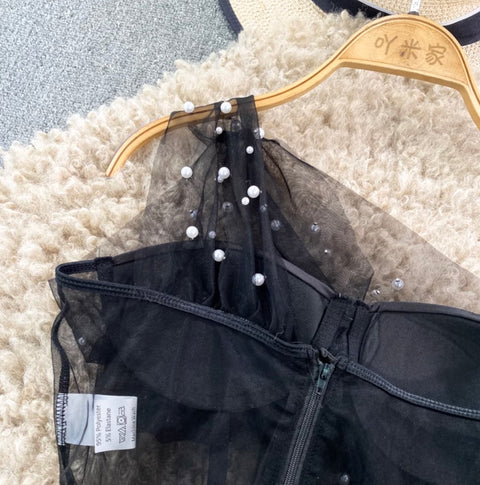 Slant Neckline Beaded Mesh Top