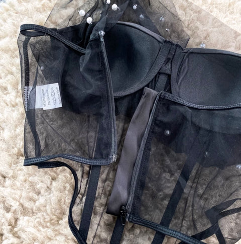 Slant Neckline Beaded Mesh Top