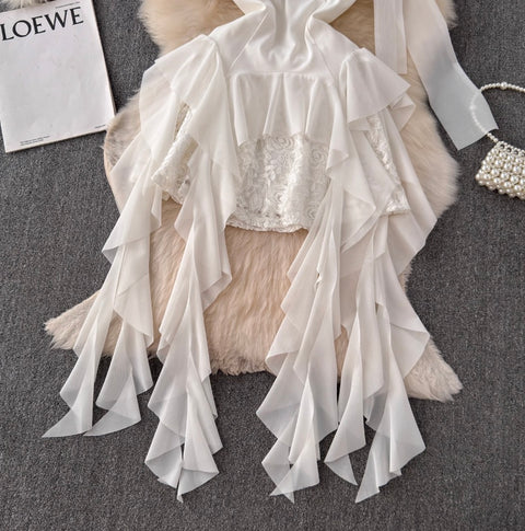 Irregular Design Ruffled White Dress