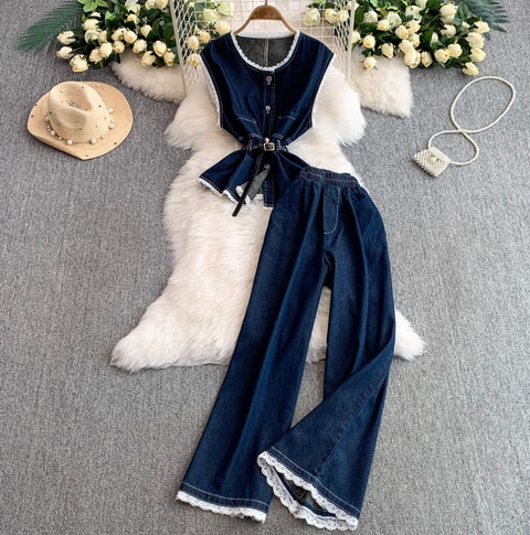 Lace Patchwork Denim Vest & Jeans 2Pcs