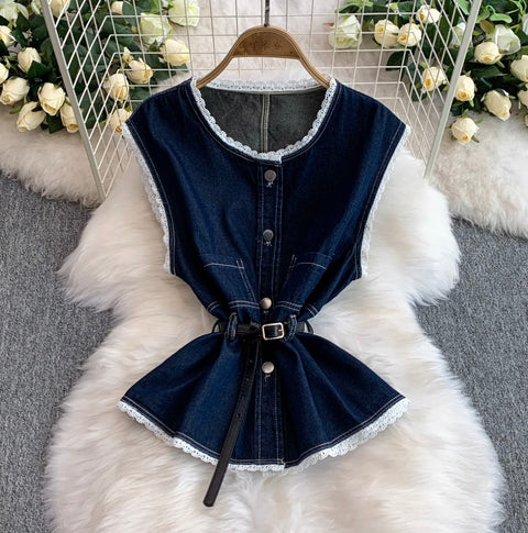 Lace Patchwork Denim Vest & Jeans 2Pcs