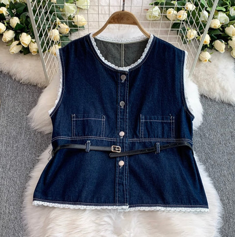 Lace Patchwork Denim Vest & Jeans 2Pcs