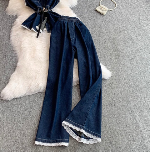 Lace Patchwork Denim Vest & Jeans 2Pcs