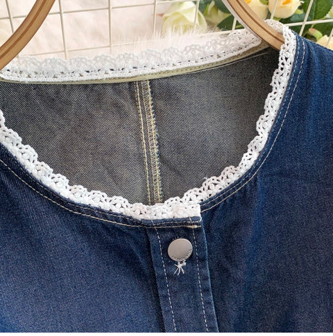 Lace Patchwork Denim Vest & Jeans 2Pcs