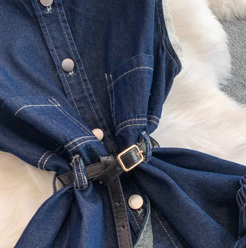 Lace Patchwork Denim Vest & Jeans 2Pcs
