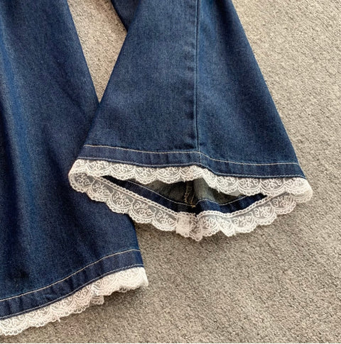 Lace Patchwork Denim Vest & Jeans 2Pcs