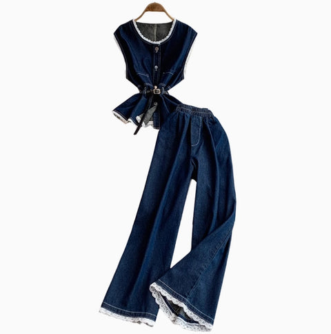 Lace Patchwork Denim Vest & Jeans 2Pcs