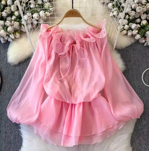 Ruffled Collar Off-shoulder Chiffon Top