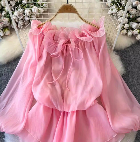 Ruffled Collar Off-shoulder Chiffon Top