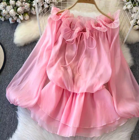 Ruffled Collar Off-shoulder Chiffon Top