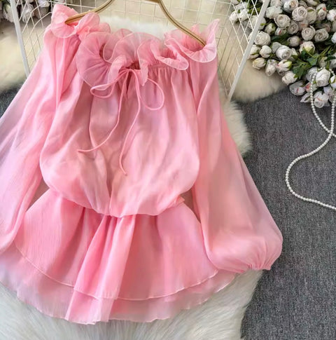 Ruffled Collar Off-shoulder Chiffon Top