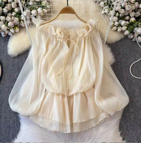 Ruffled Collar Off-shoulder Chiffon Top