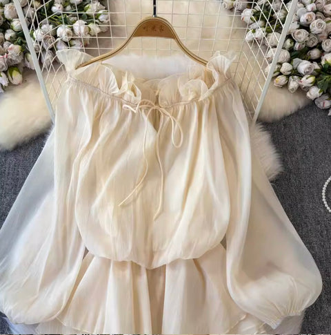 Ruffled Collar Off-shoulder Chiffon Top