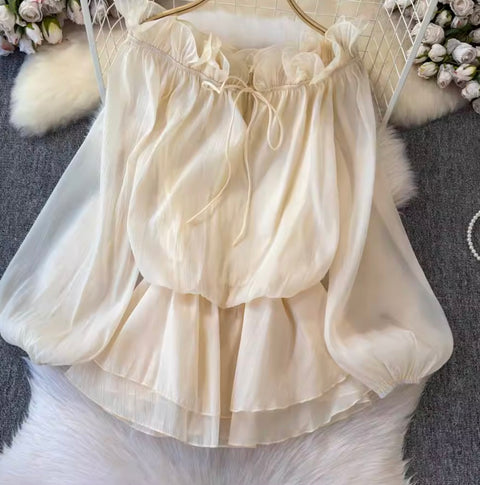 Ruffled Collar Off-shoulder Chiffon Top