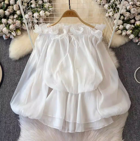 Ruffled Collar Off-shoulder Chiffon Top