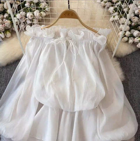 Ruffled Collar Off-shoulder Chiffon Top