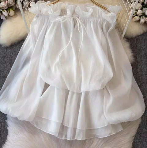 Ruffled Collar Off-shoulder Chiffon Top