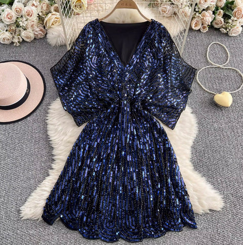 Elegant V-neck Sequined Embroidery Dress