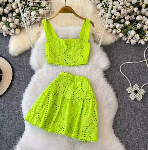 Hollowed Camisole & A-line Skirt 2Pcs