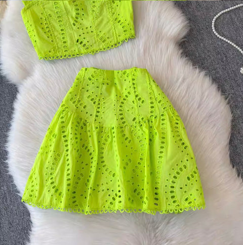 Hollowed Camisole & A-line Skirt 2Pcs