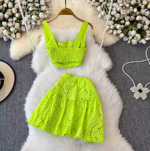 Hollowed Camisole & A-line Skirt 2Pcs