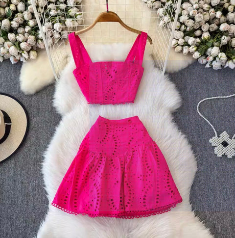 Hollowed Camisole & A-line Skirt 2Pcs