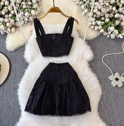 Hollowed Camisole & A-line Skirt 2Pcs