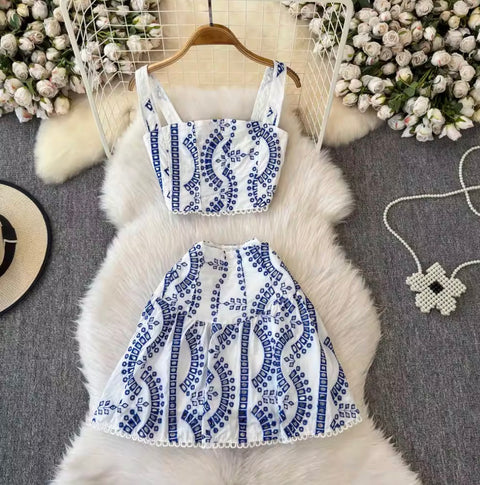 Hollowed Camisole & A-line Skirt 2Pcs