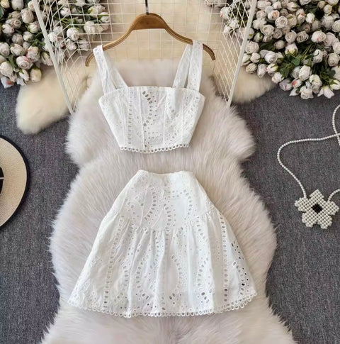 Hollowed Camisole & A-line Skirt 2Pcs